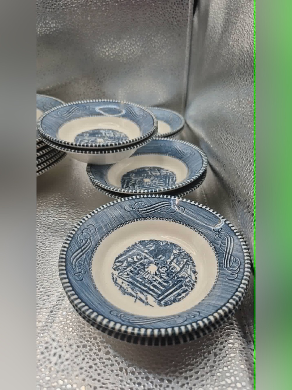 8 Currier & Ives ‘Country Farm Gate’ Blue & White Dessert Bowls Cottagecore Set